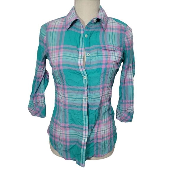 SO plaid 3/4 sleeve button up shirt - Picture 1 of 9